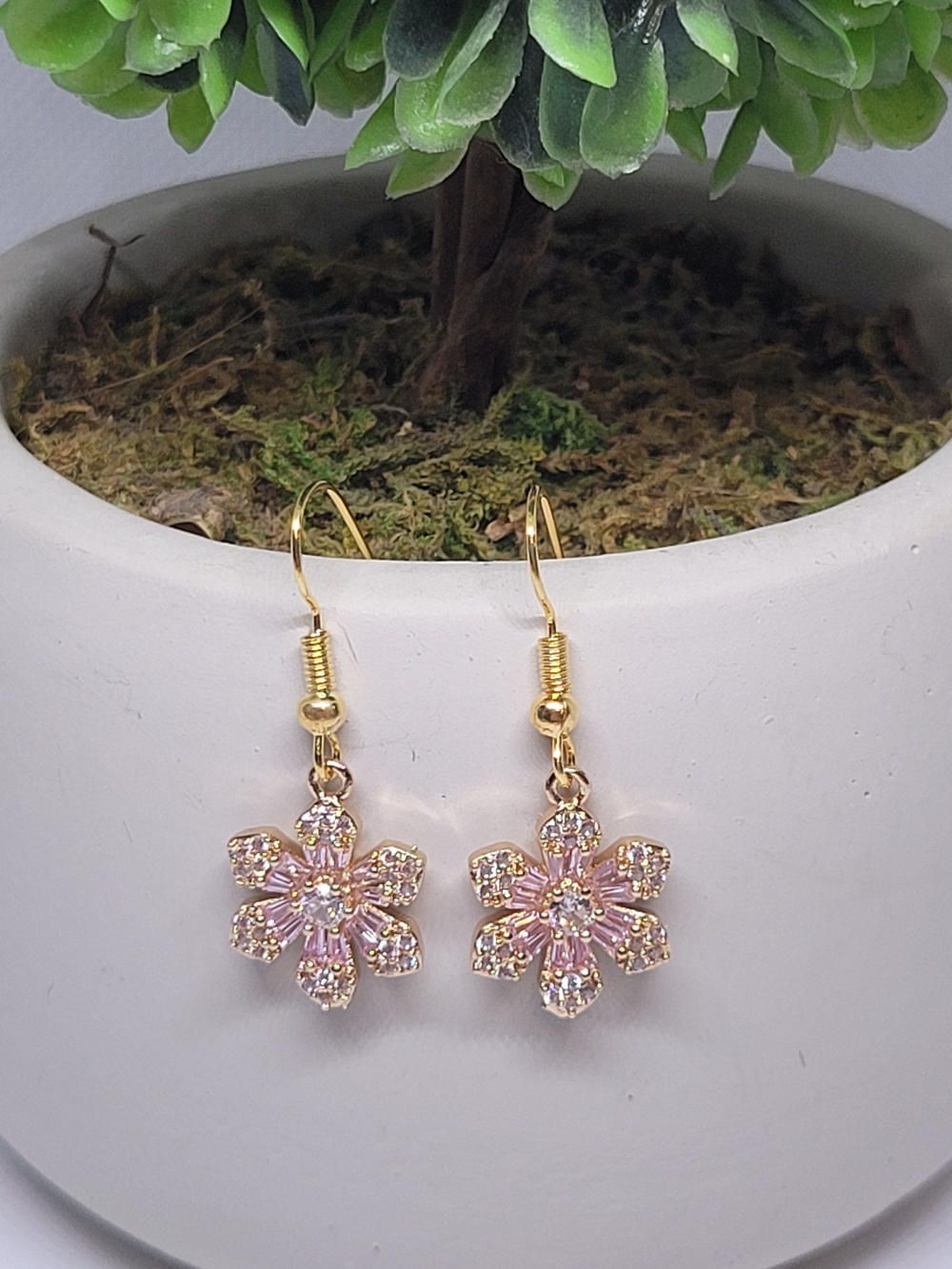 18k Gold Plated Pink Crystal Flower Drop Earrings - Picture 2 of 4